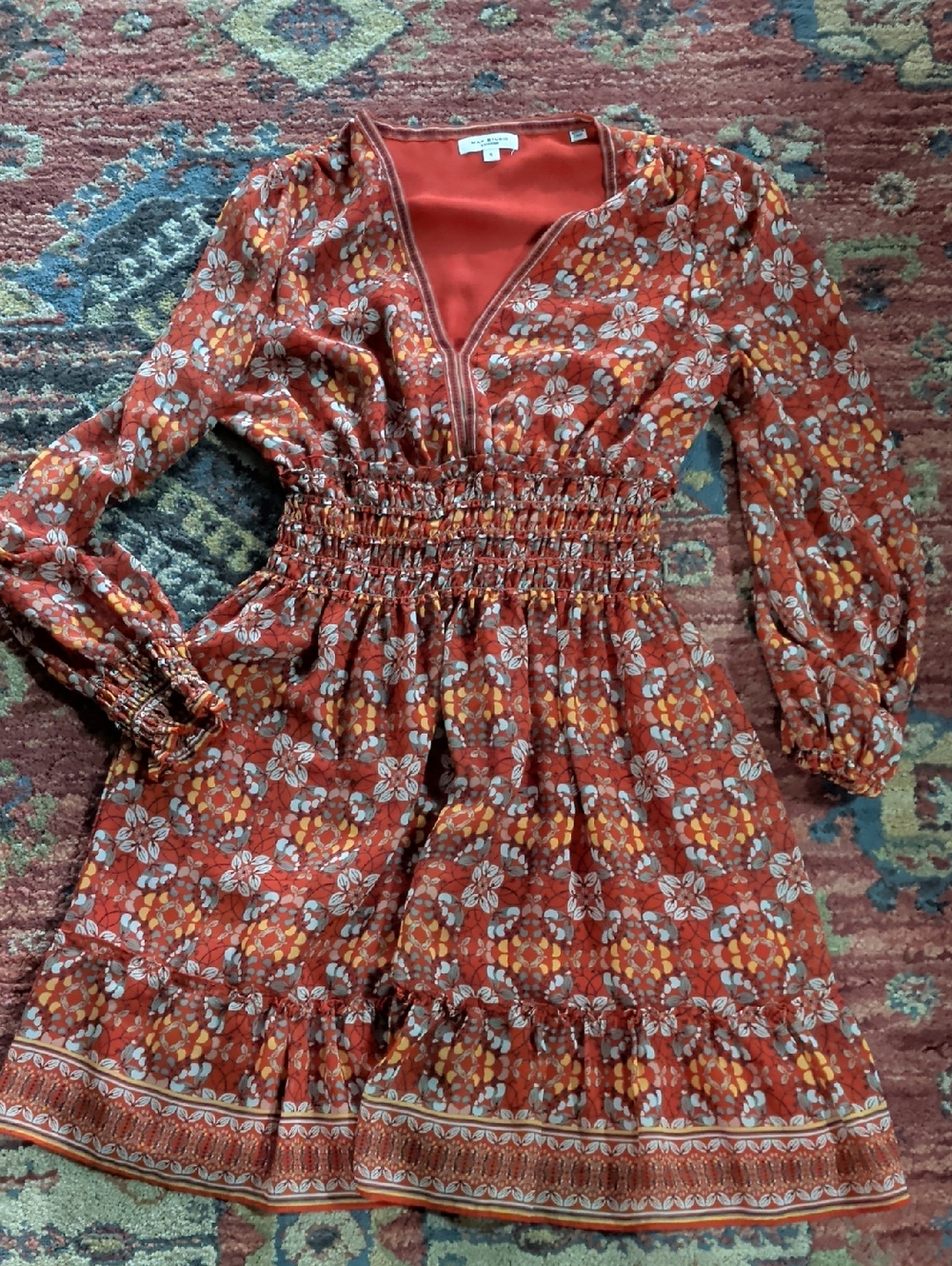 Max Studio Rust Floral Smocked Waist Mini Dress